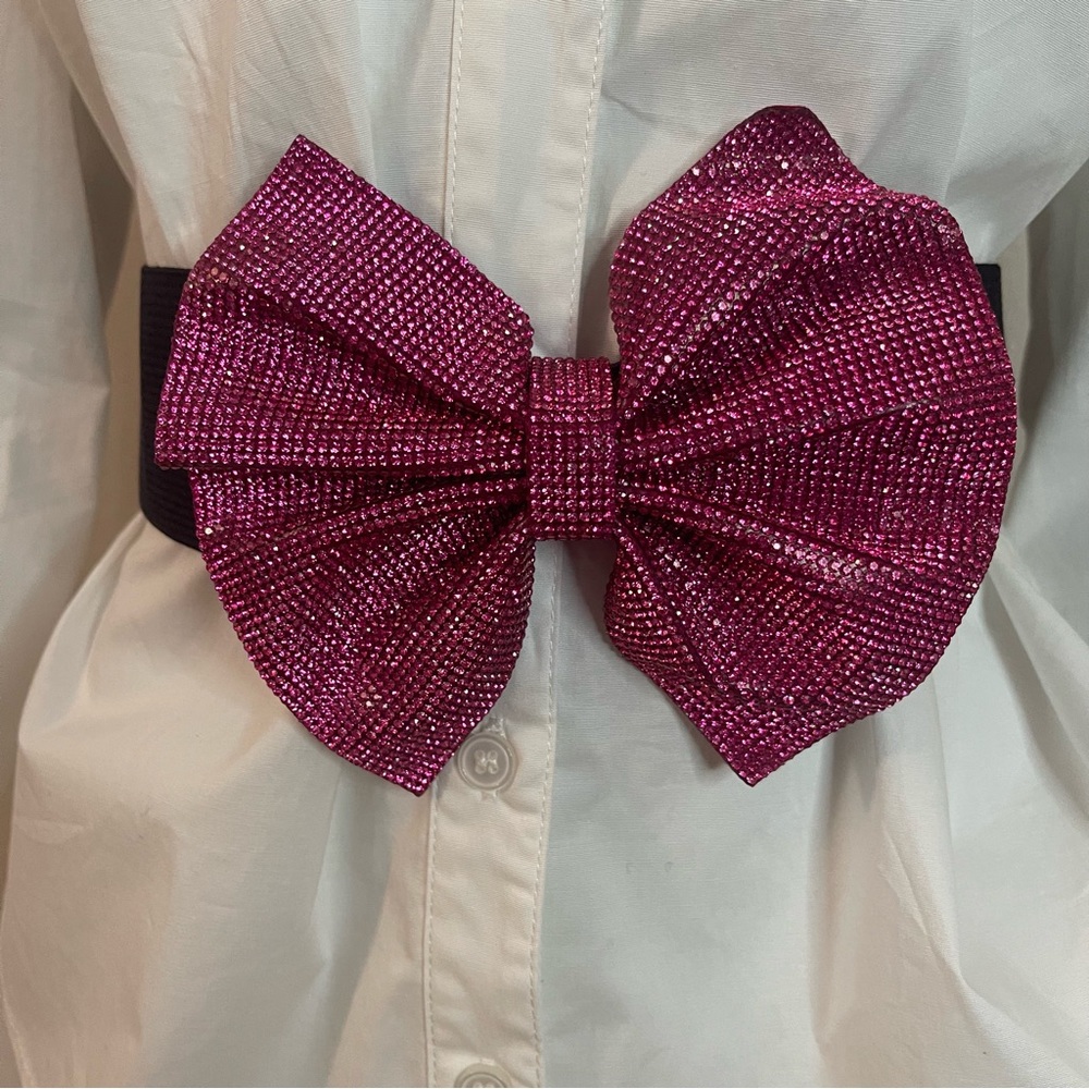 Pink bow with rhinestones details black PU leather elastic waistband belt